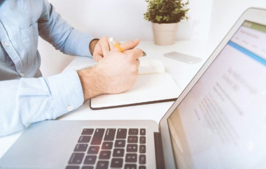 Writing, Notedbook, Man Writing, Laptop, Plant